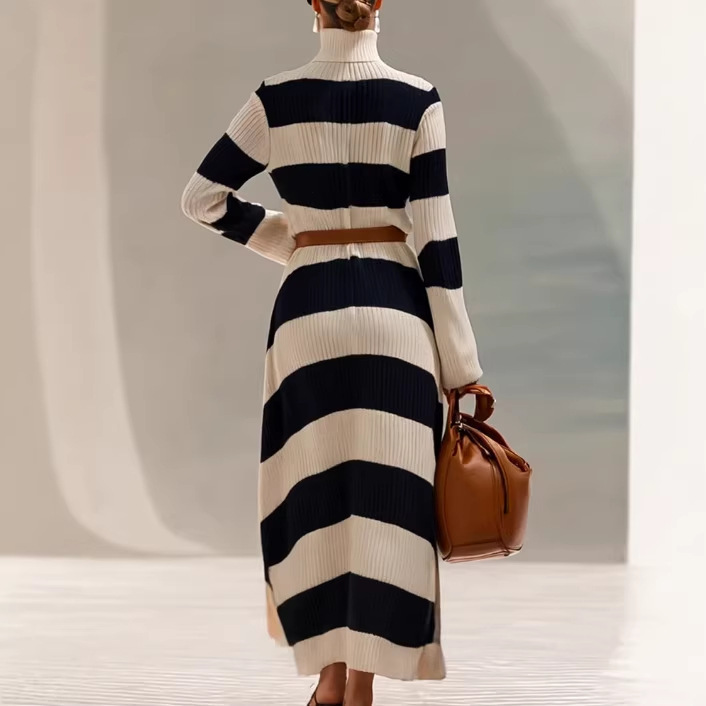 Navy and White Striped Long Sleeve Midi Dress
