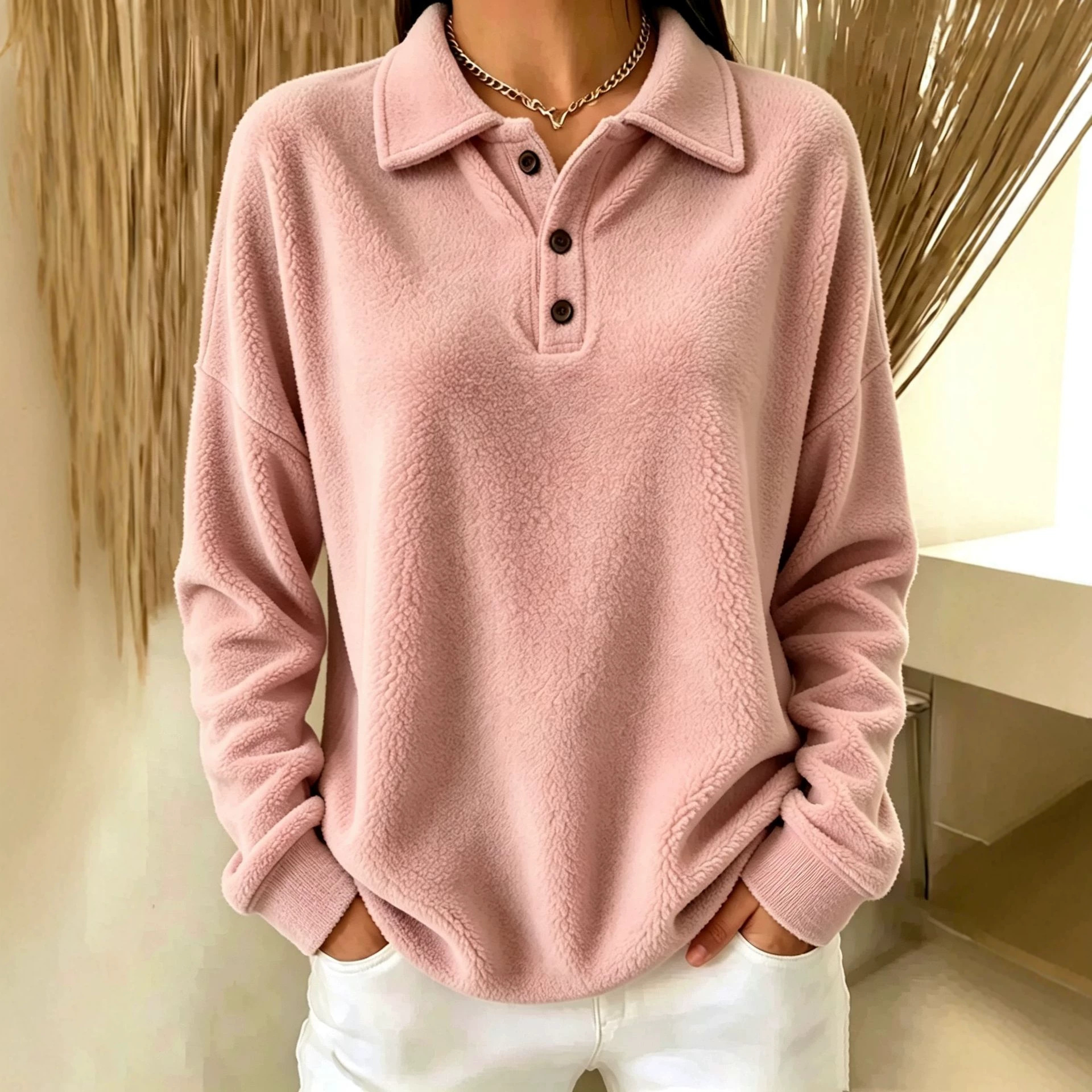 Fleece Buttoned Collar Long Sleeve Pullover Sweatshirt for Women