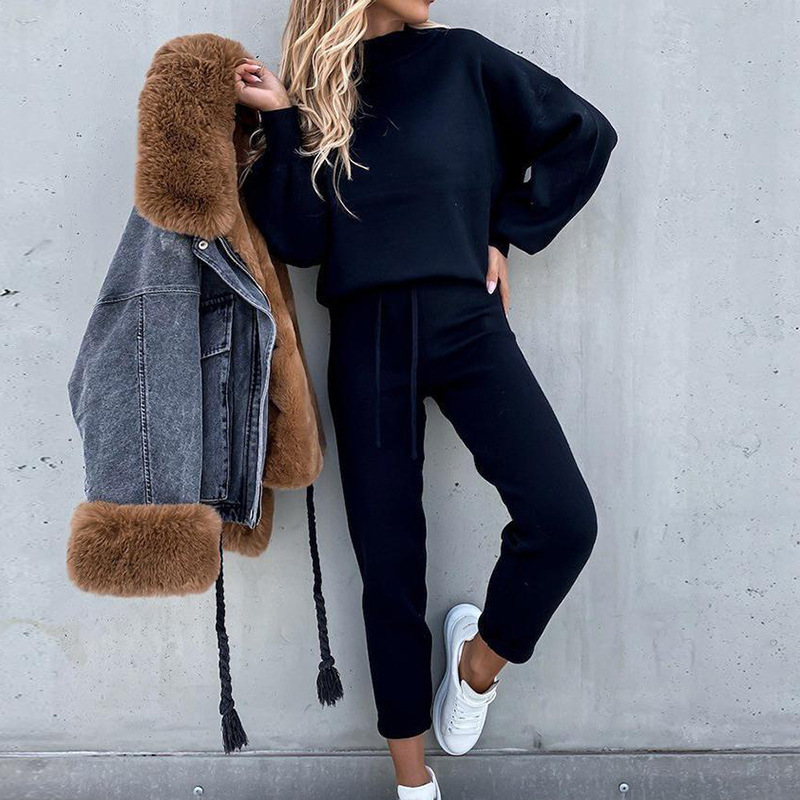 Women's Turtleneck Sweatsuit Set Solid Color Long Pants with Pockets