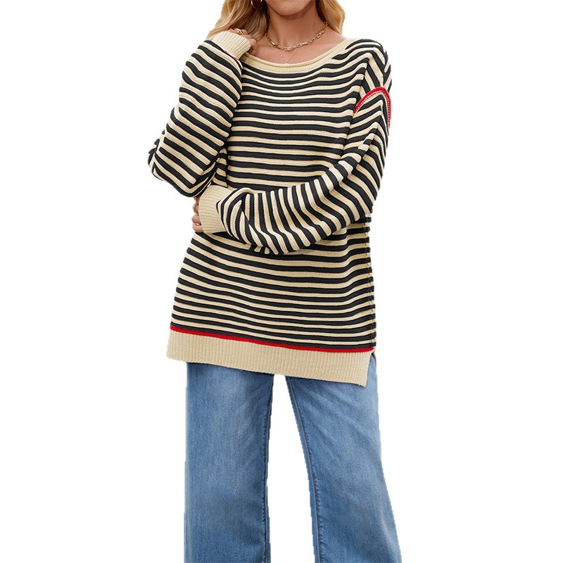 Striped Knit Sweater Crewneck Pullover Loose Long Sleeve