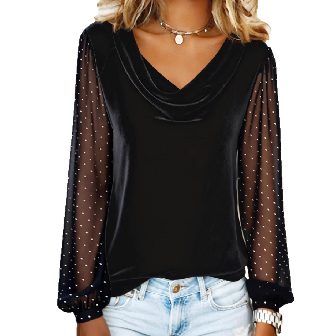 Women's Solid V-Neck Mesh Rhinestone Bubble Long-Sleeve T-Shirt