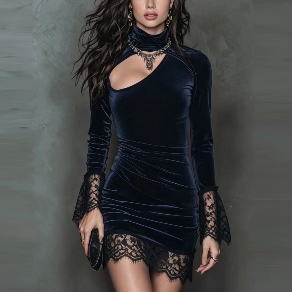 Women's High Neck Lace Panel Bodycon Dress