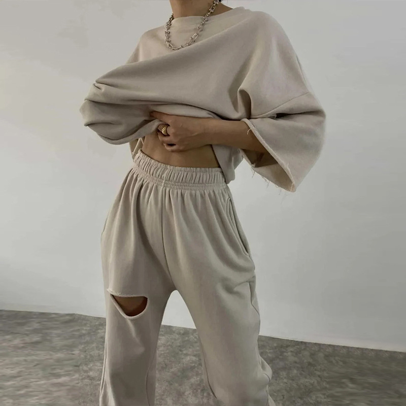 Women's Long Sleeve Crewneck Solid Top & Distressed Tie Pants Two-Piece Set