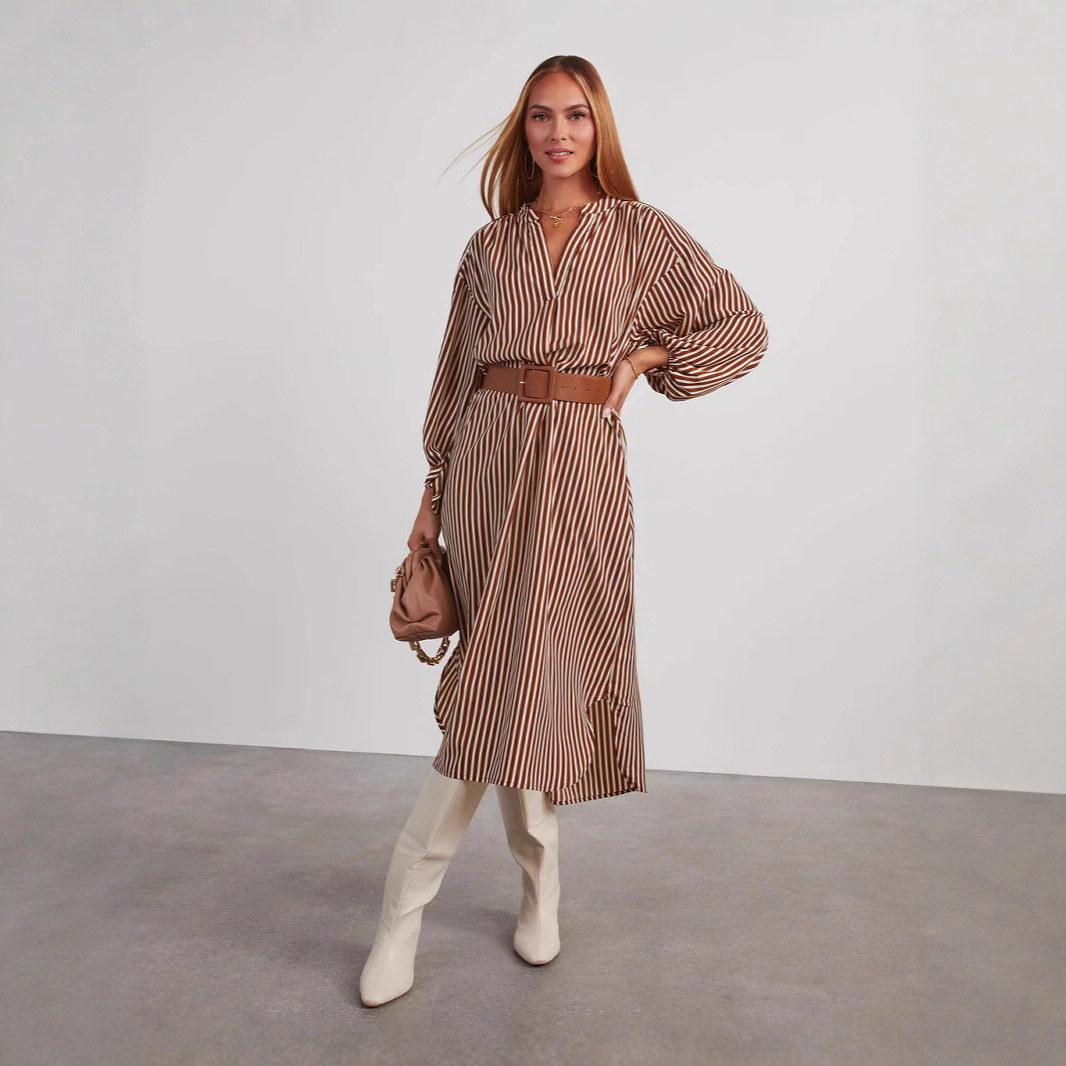 Striped Belted Long Sleeve V-Neck Midi Dress
