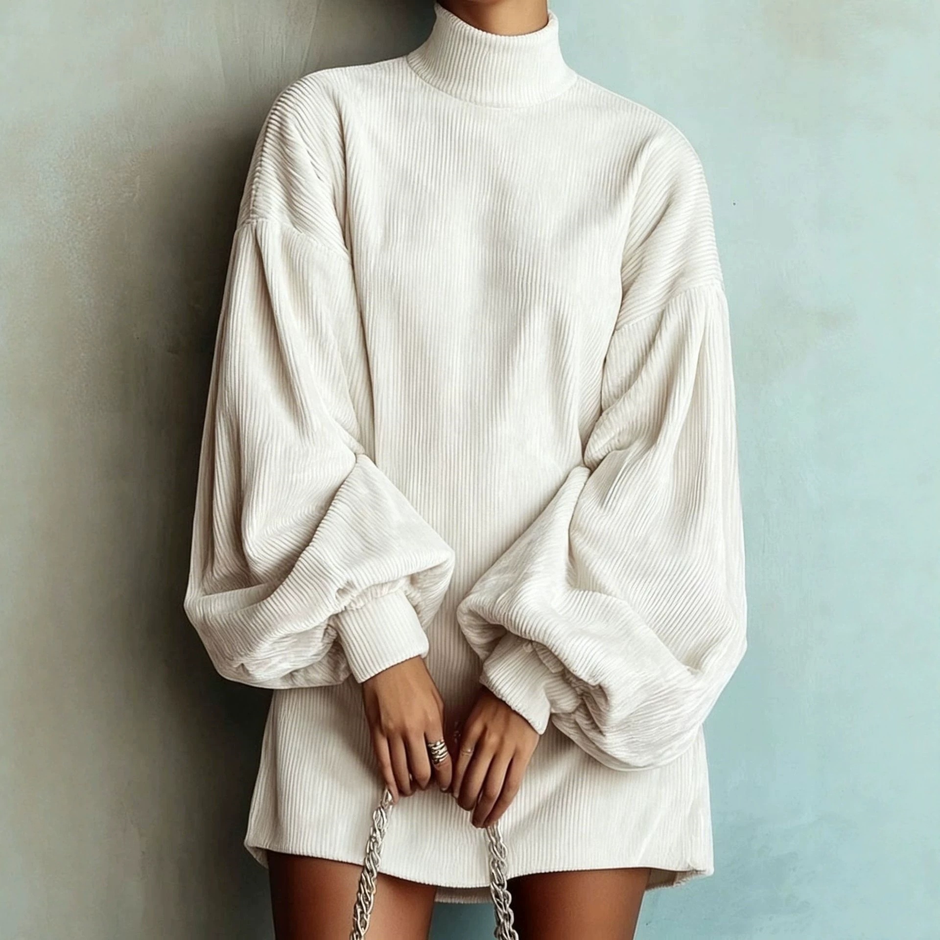 Women's Loose Lantern Sleeve A-Line Dress Corduroy Solid Color