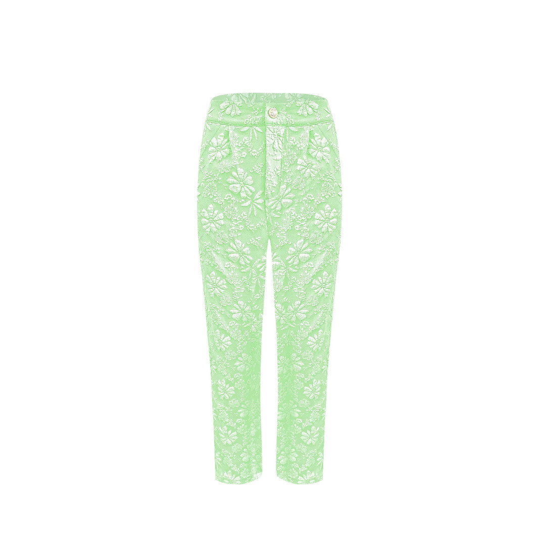 Floral Jacquard High-Waist Straight-Leg Pants with Pockets