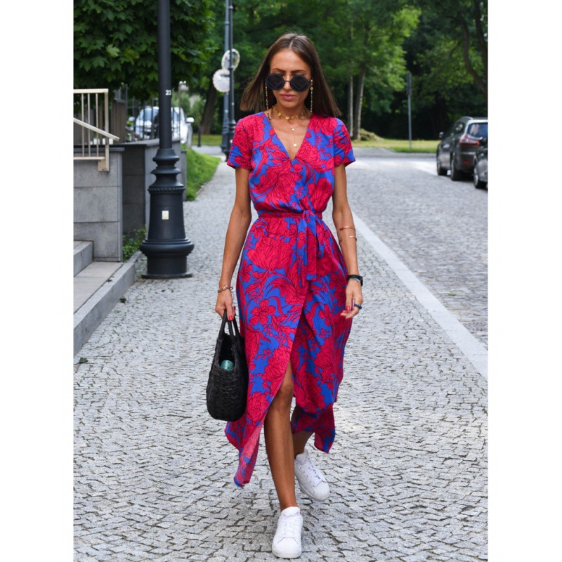 V-Neck Floral Tie-Waist Midi Dress with Flutter Sleeves