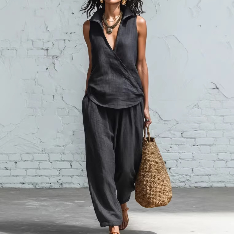 Women's Simple Lapel Shirt and Wide-Leg Pants Linen Two-Piece Set
