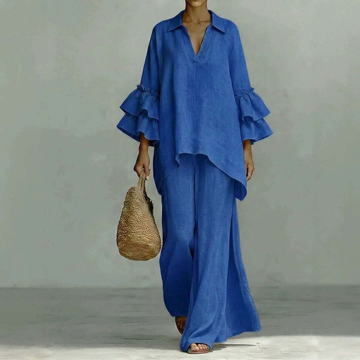 Women's Casual Solid Color Shirt Collar Loose Two-Piece Set