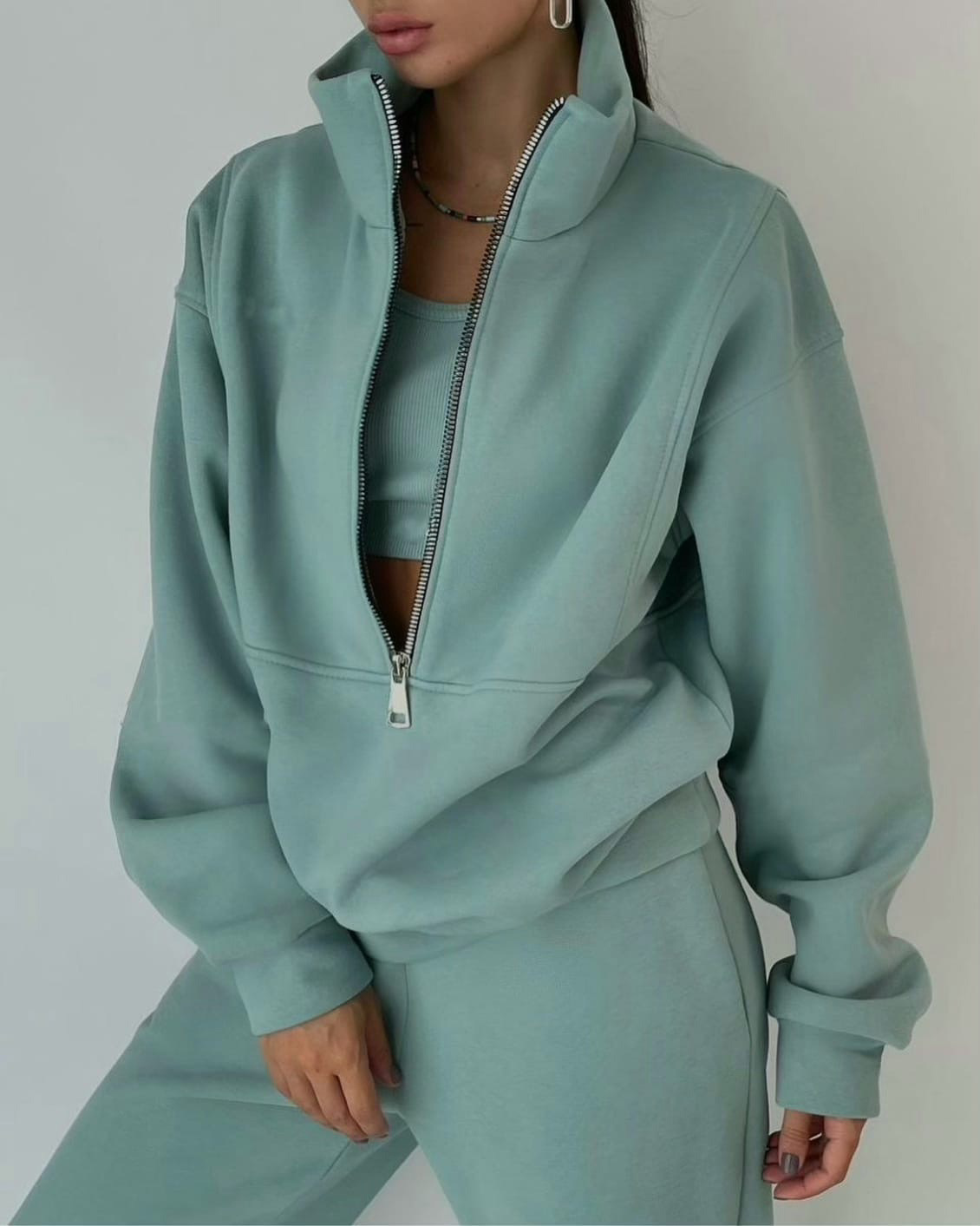 Women's Fleece Zip-Up Tracksuit Set Casual Athleisure