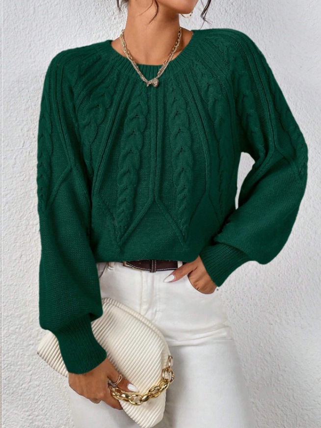 Women's Cable Knit Crewneck Pullover Sweater Solid Color Casual Top