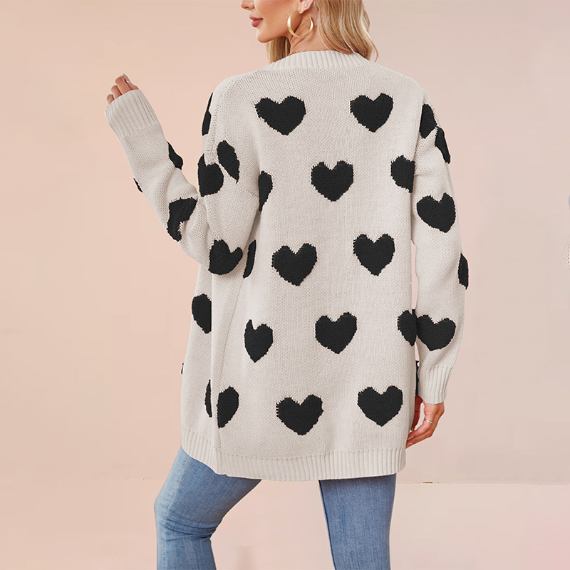 Heart Jacquard Knit Cardigan V-Neck Button Midi Length