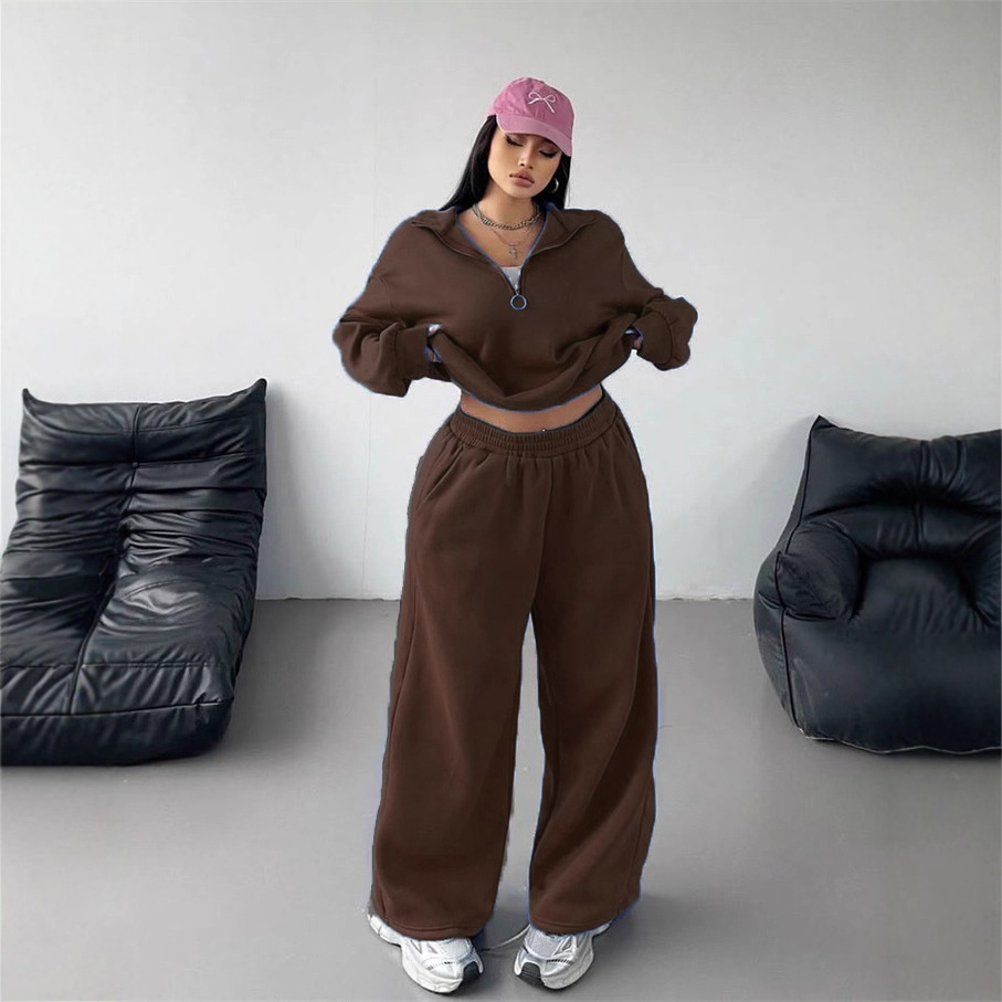 Women's Half-Button Pullover Hoodie and Pants Two-Piece Set