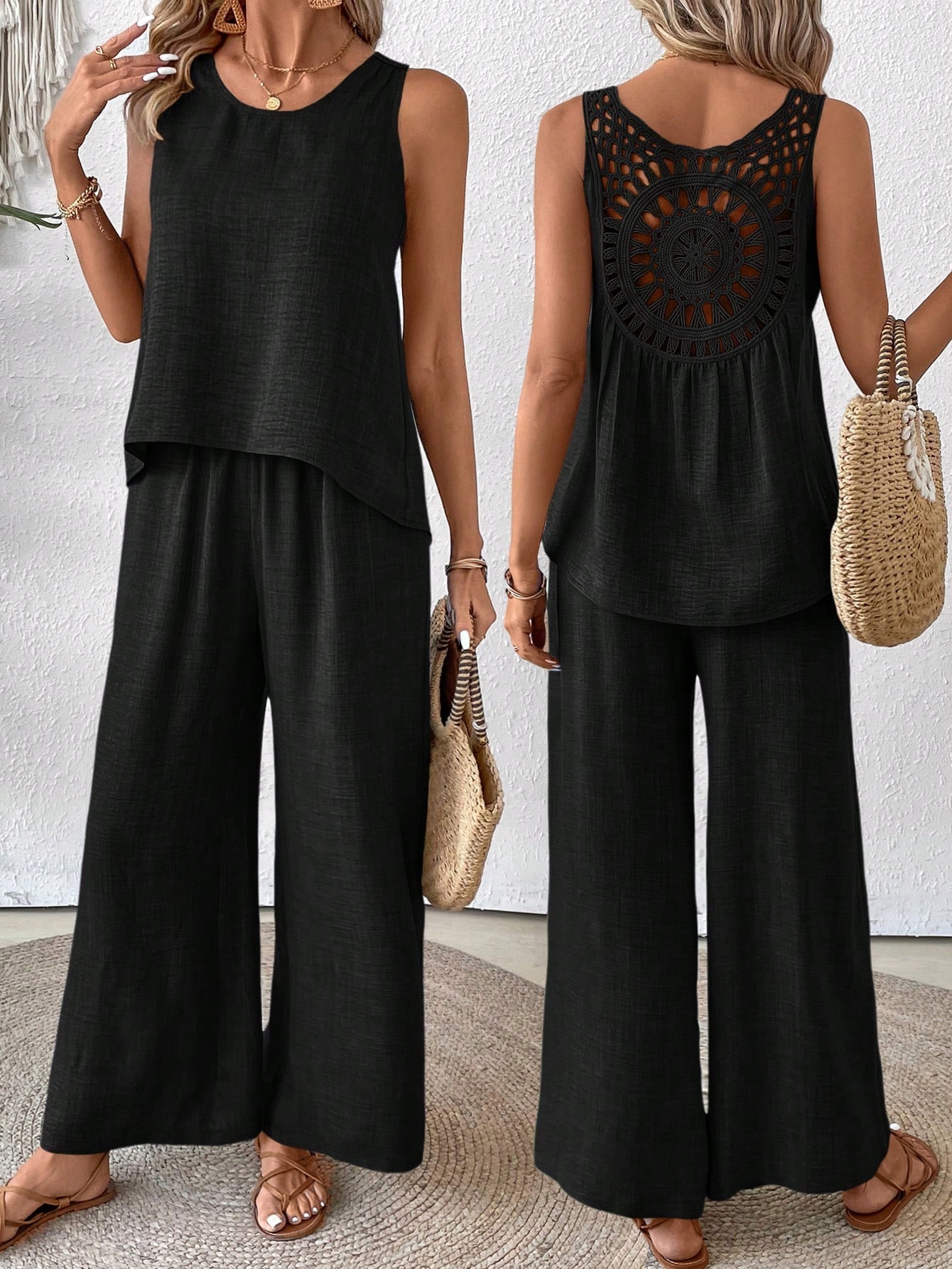 Women's Two-Piece Sleeveless Tank Top and Wide-Leg Pants Set with Hollow-Out Lace Trim