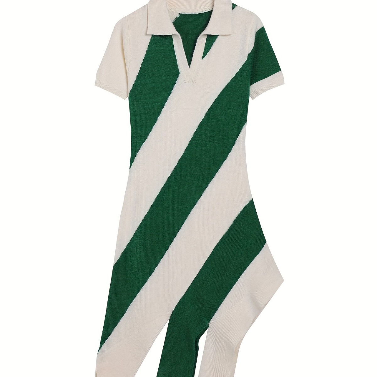 Slim-Fit Knit Polo Dress with Fringe Striped Color-Block Short Sleeves