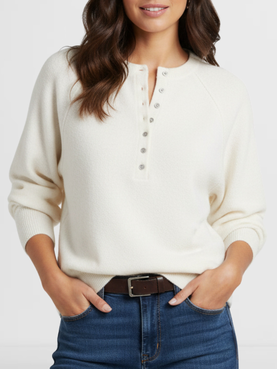 Women's Casual Crewneck Button-Front Knit Henley Sweater
