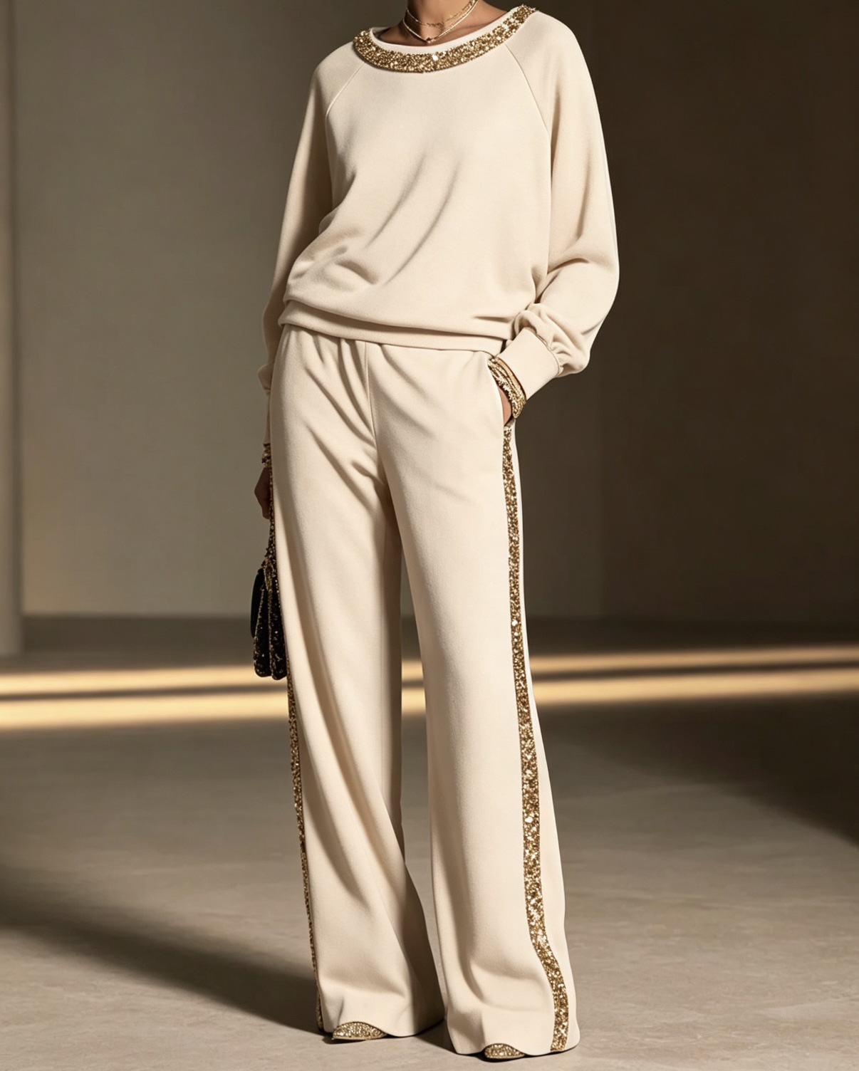 Gold Sequin Boat Neck Top & Wide Leg Pants Set