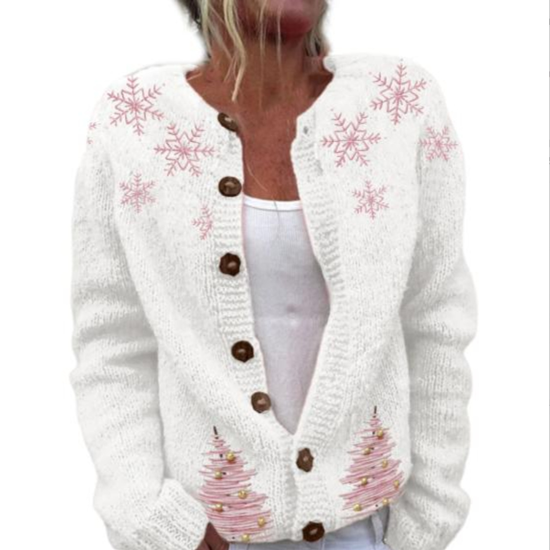 Women's Christmas Snowflake Reindeer Print Button Cardigan Sweater