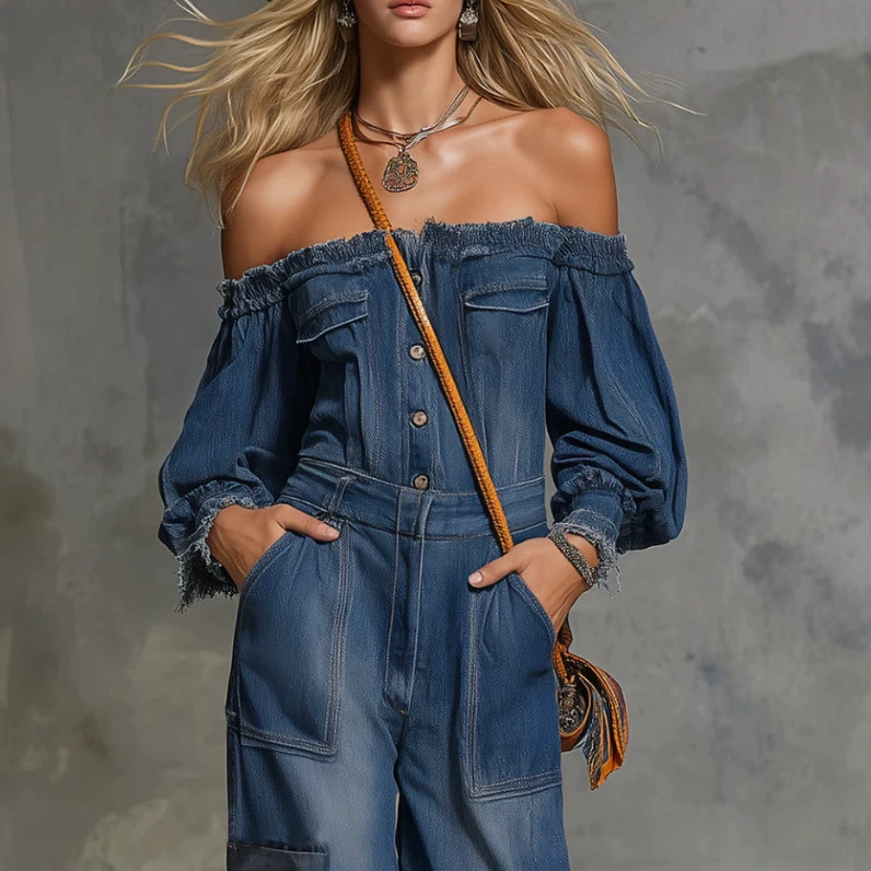Off-Shoulder Wide-Leg Denim Jumpsuit with Pockets