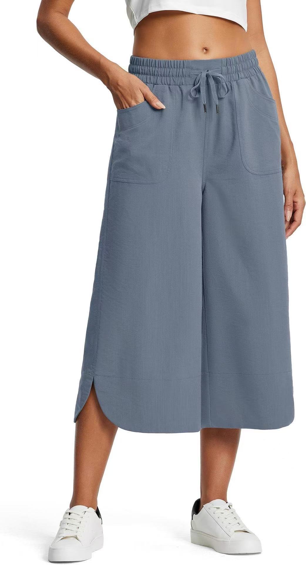 Women's Elastic Waist Solid Color Wide Leg Cropped Pants