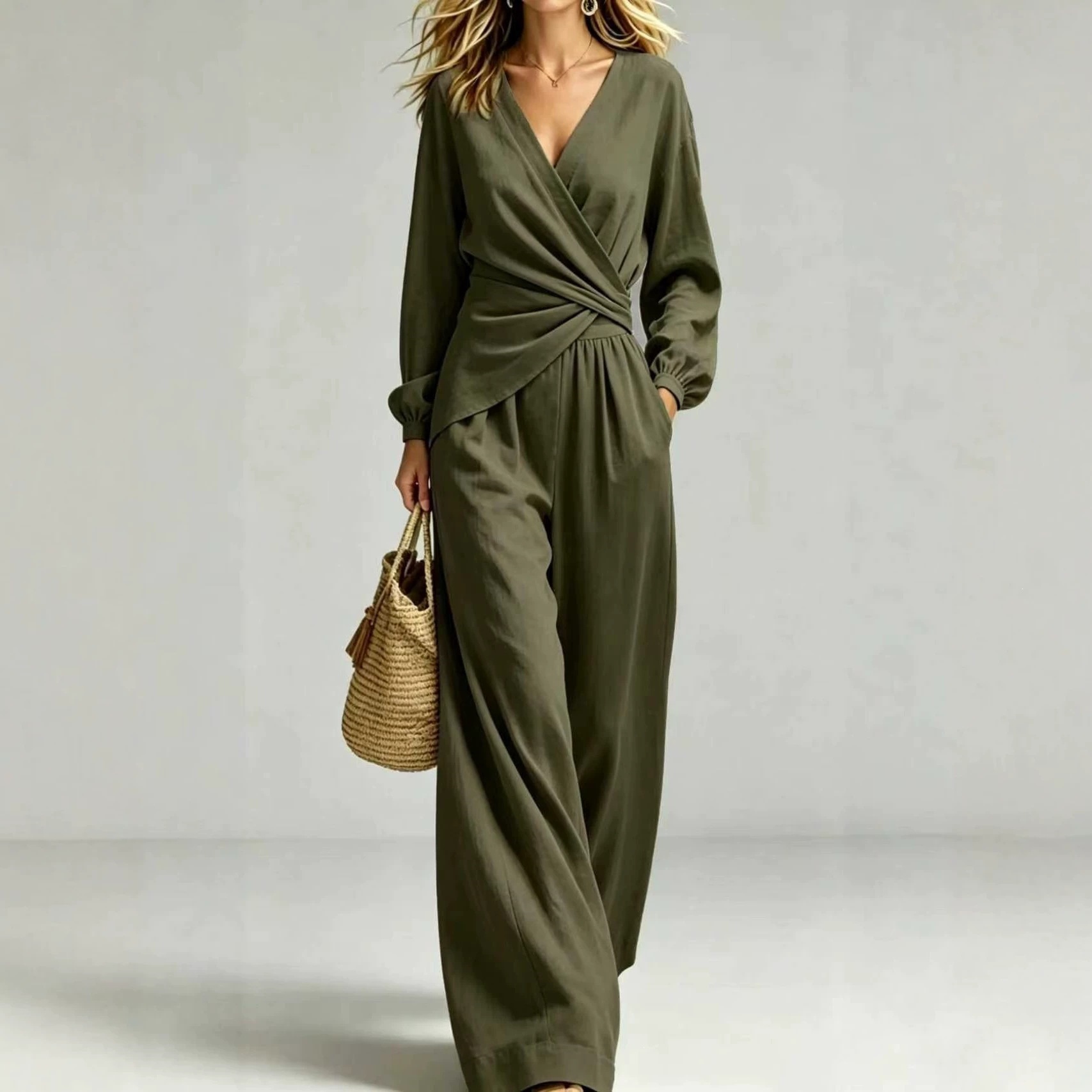 Women's Puff Sleeve Two-Piece Pant Set Slimming Elegant