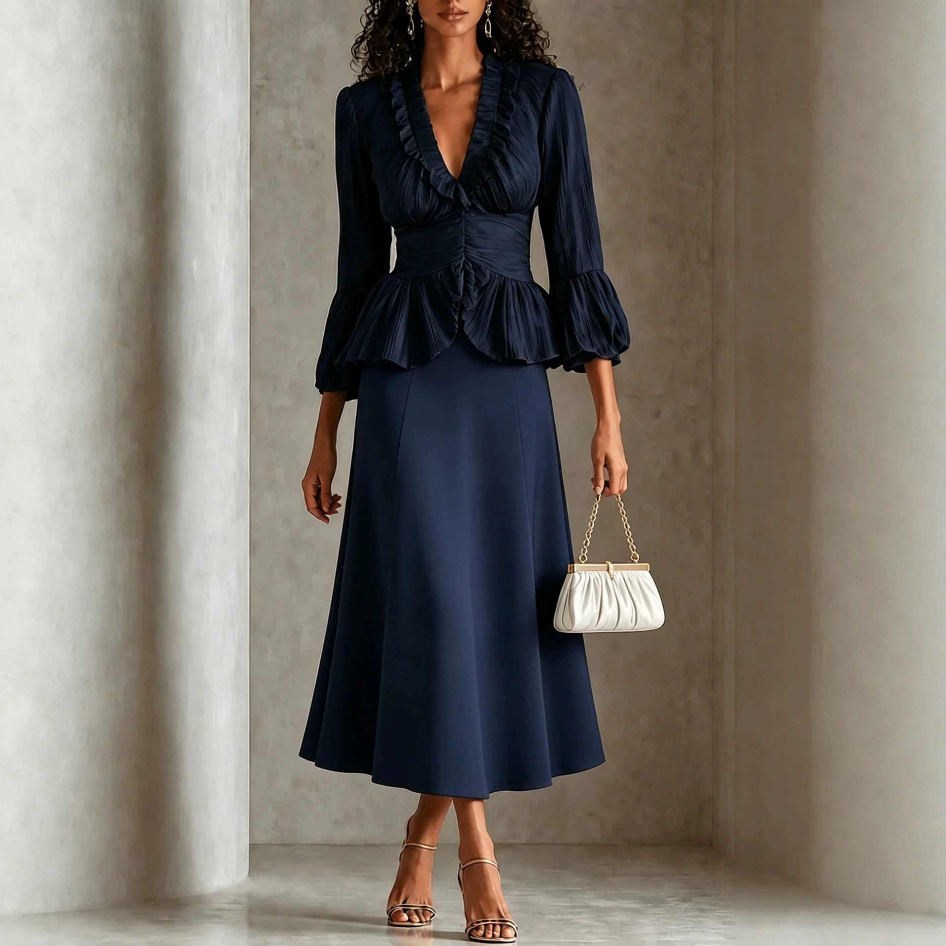 French Navy V-Neck Ruffle Waist Midi Dress
