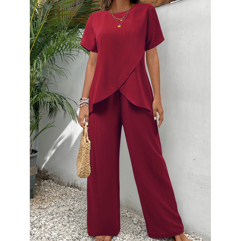 Women's Casual Cross-Front Asymmetric Top and Wide-Leg Pants Two-Piece Set