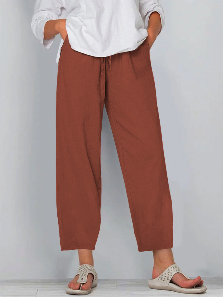 Women's Cotton-Linen Wide-Leg Pants with Elastic Waist Solid Color Casual Long Pants