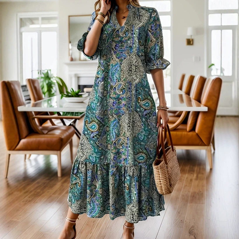 Elegant Floral Print V-Neck Midi Dress with Ruffle Sleeves