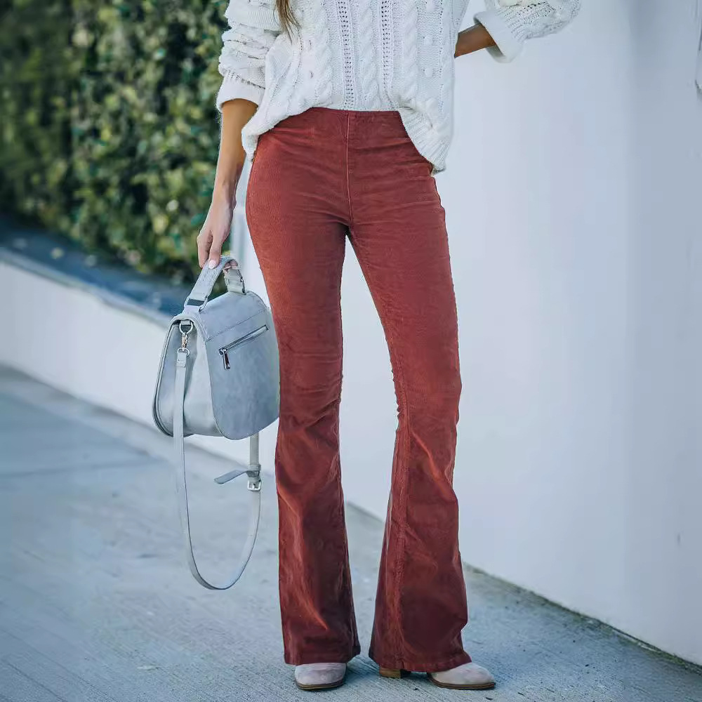 Women's Solid High-Waist Corduroy Flare Pants with Elastic Waist