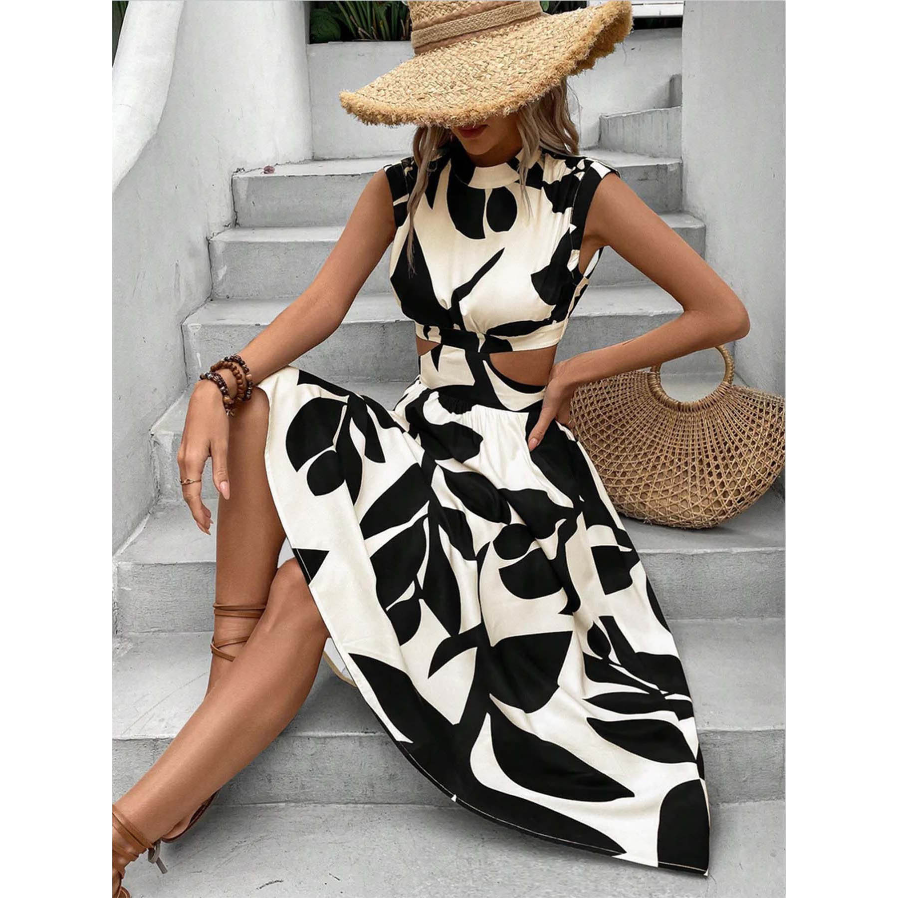 Women's Floral Print High-Waist Short-Sleeve Midi Dress