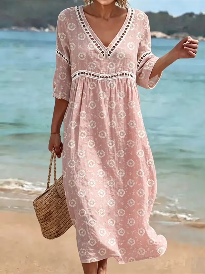 Women's Floral Polka Dot Print Pleated Midi Dress