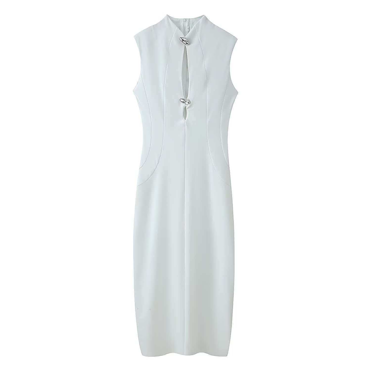 Slim-Fit Metal-Trim Stand-Collar Qipao Dress