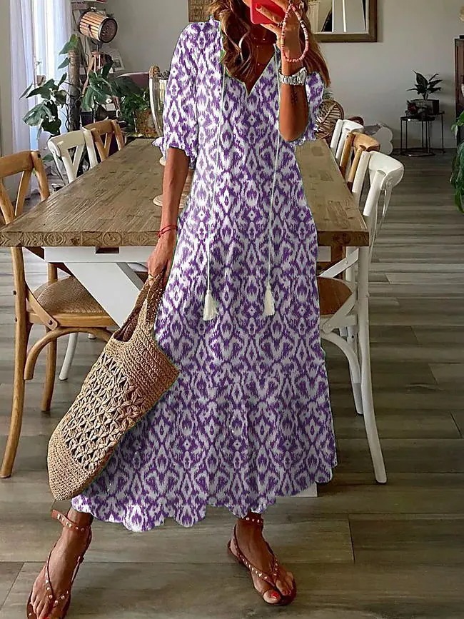 Casual Sweet Loose V-Neck Printed Fringe Midi Dress
