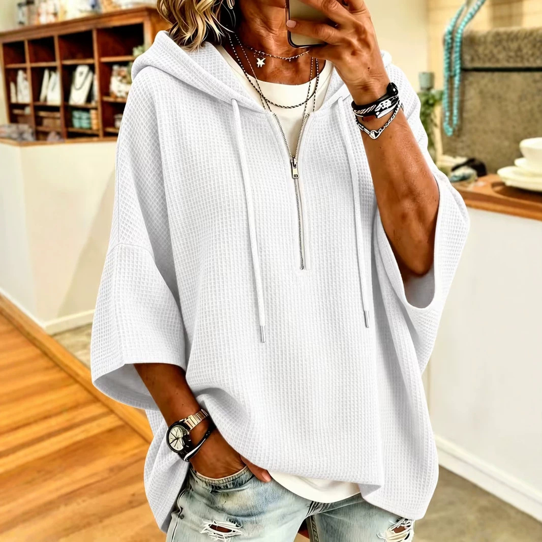 Women's Waffle Knit Zip-Up Hoodie Drawstring Loose Batwing Sweatshirt