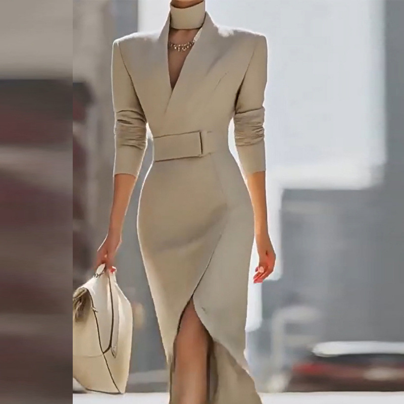 V-Neck Fitted Midi Bodycon Slit Dress