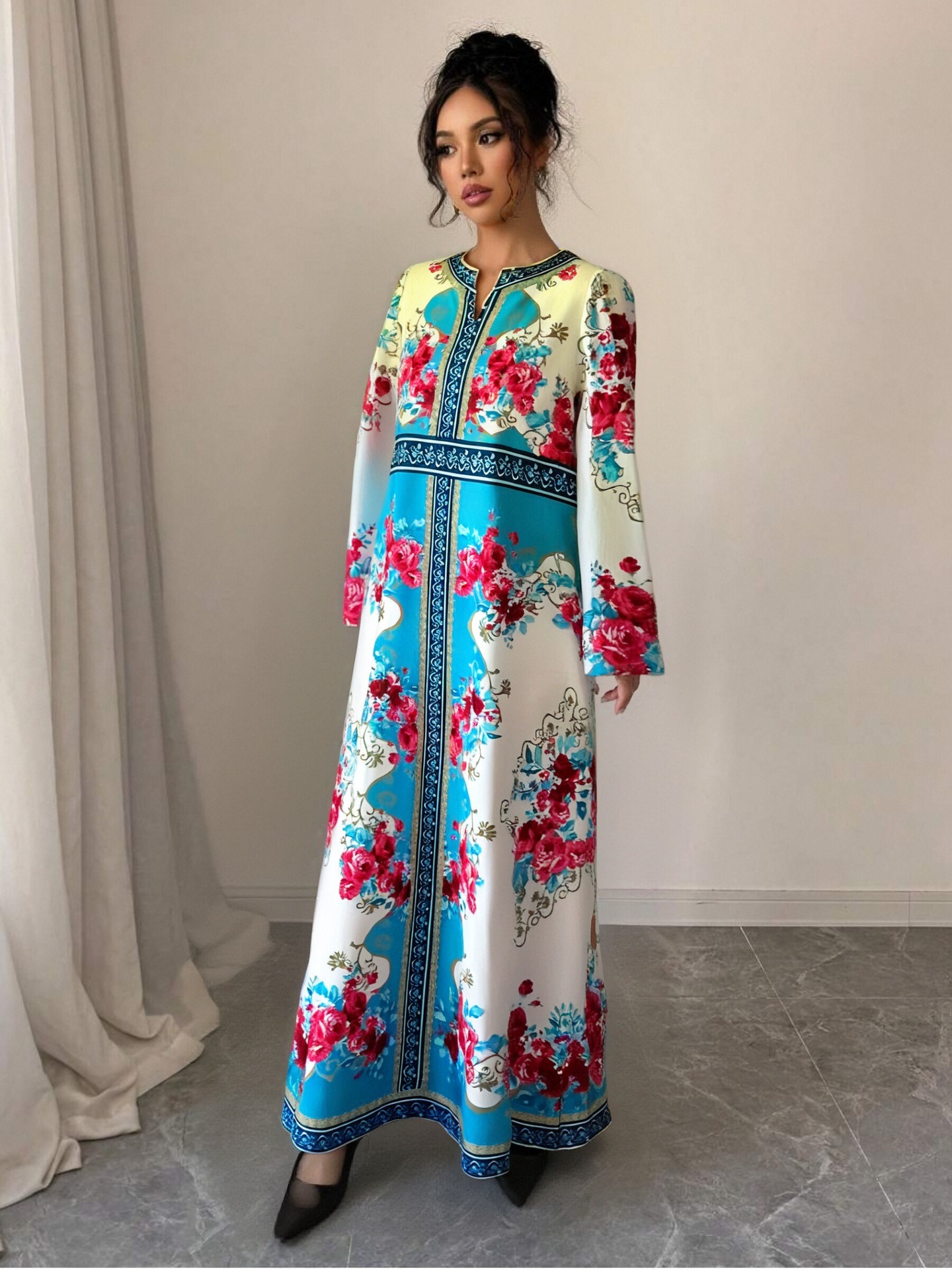 High-Saturation Colorblock Print Long Dress Loose Flattering A-Line V-Neck