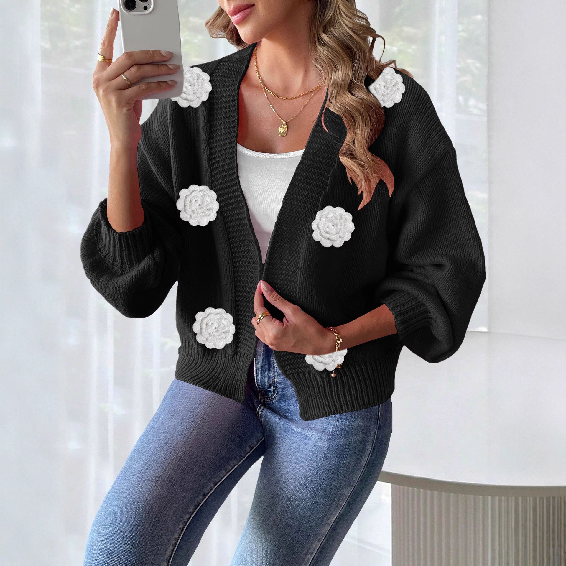 Women's Open-Front Cardigan with 3D Hand-Crocheted Floral Appliqué