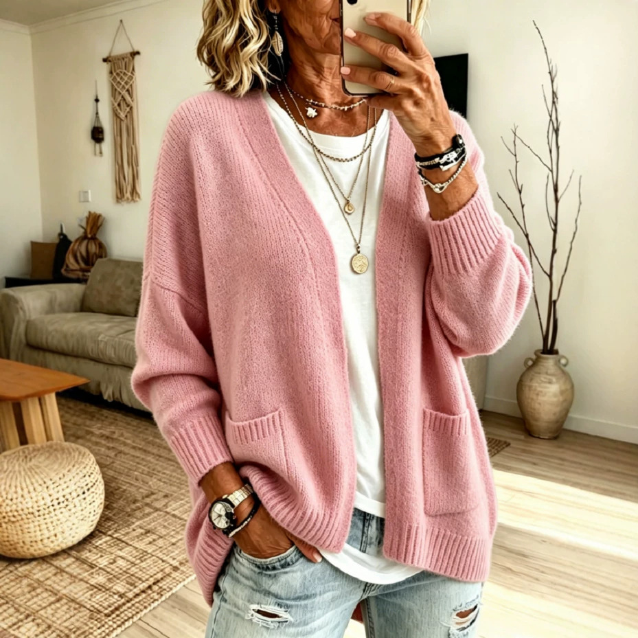 Soft Solid Color Cardigan Sweater Women's Loose Relaxed Knit Outerwear