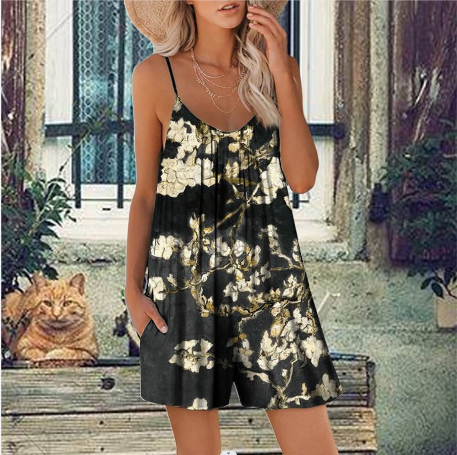 Women's Sleeveless Printed Romper with Pockets Casual Summer Shorts Jumpsuit