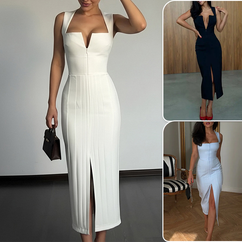 Elegant Solid Color Split Hem Bodycon Long Dress