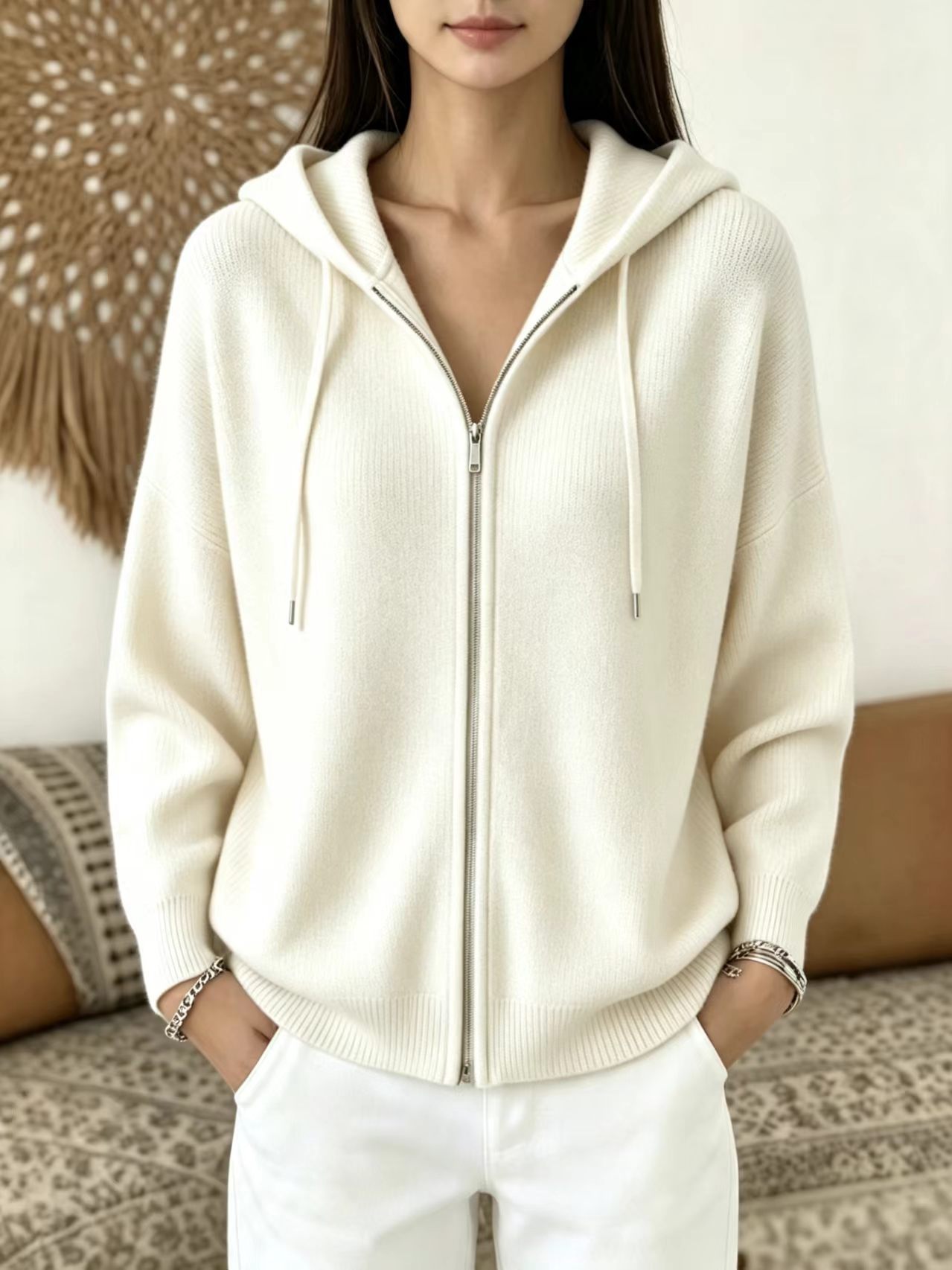 Women's Zip-Up Hooded Knit Cardigan Sweater
