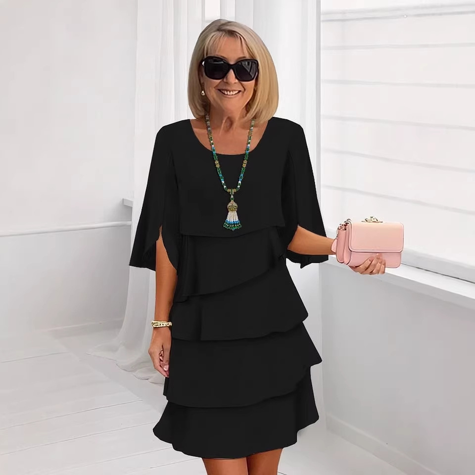 Women's Solid Color Round Neck Tiered Ruffle Dress