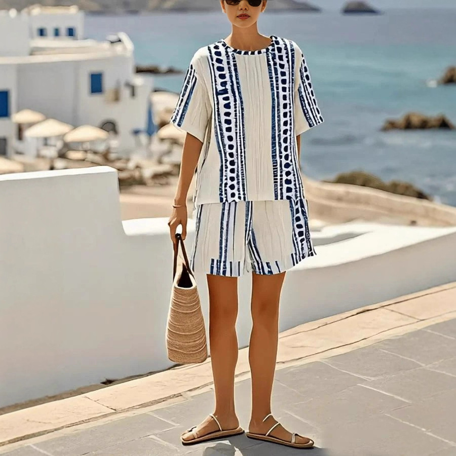 Retro Geometric Print Short Sleeve Top and Wide-Leg Shorts Set