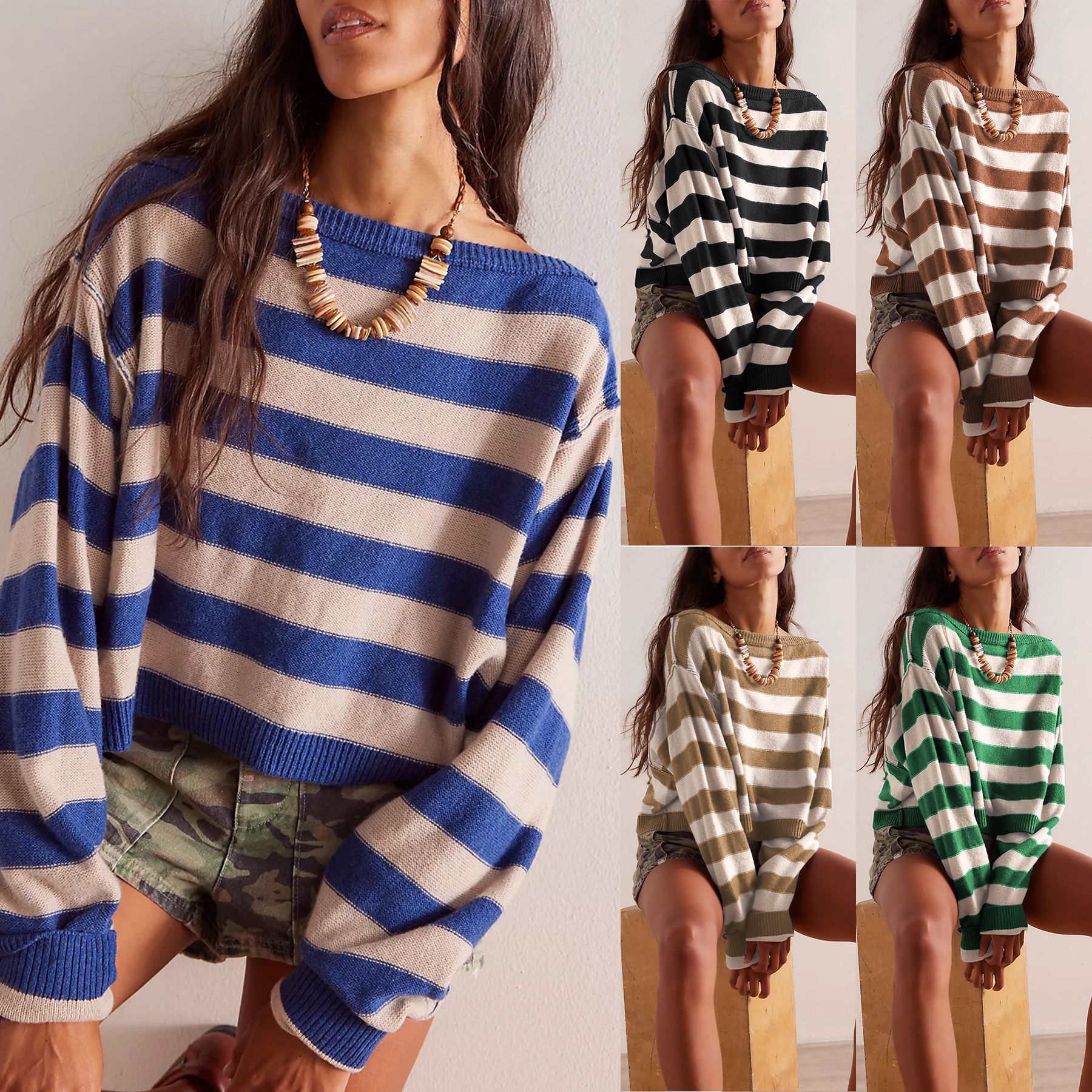 Striped Cropped Knit Sweater Off-Shoulder Bell Sleeve Loose Fit