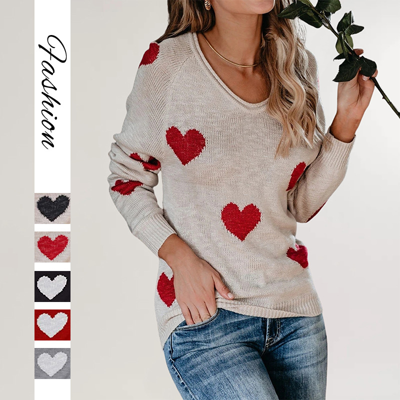 Women's Loose Heart V-Neck Knit Sweater