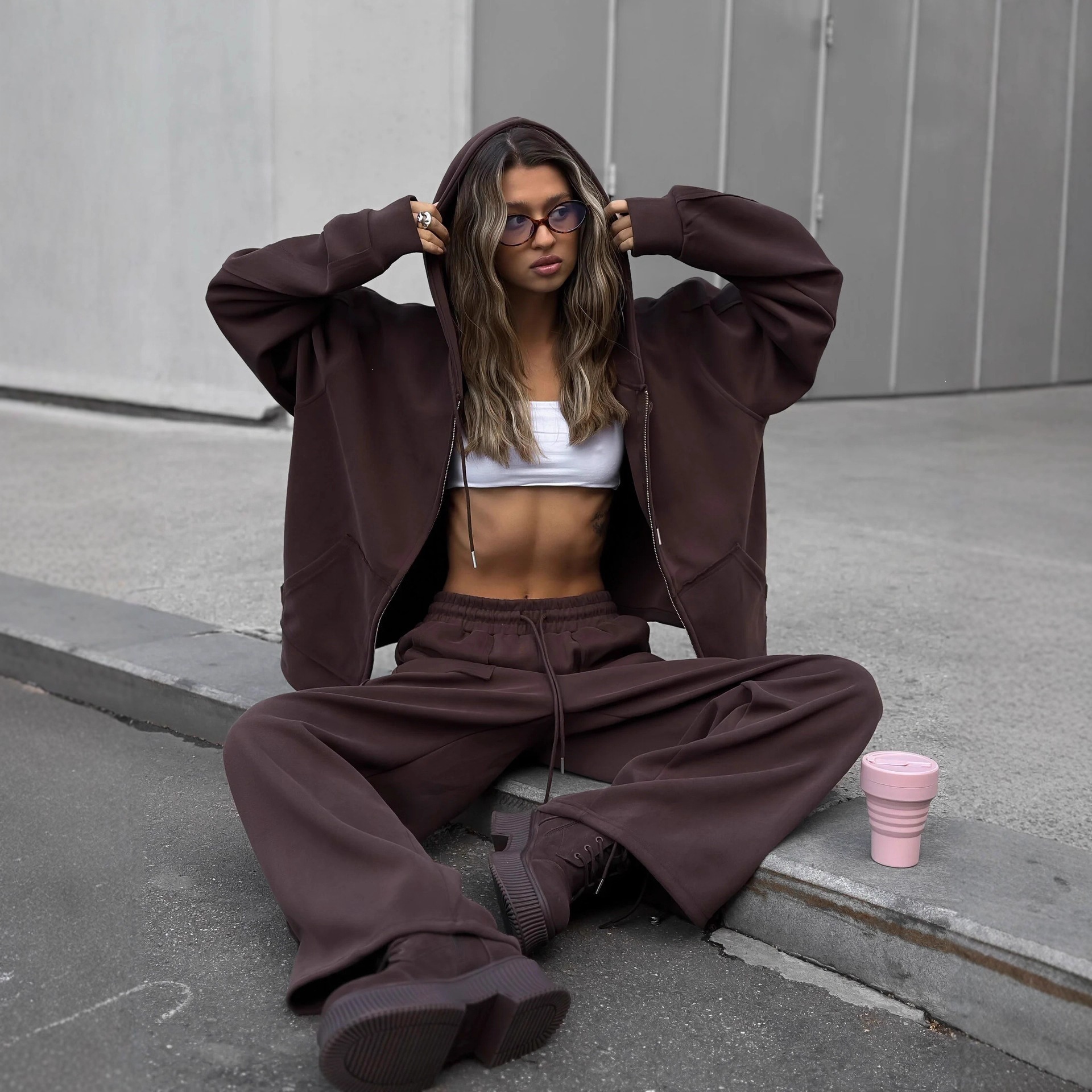 Solid Color Zip-Up Hoodie and Wide-Leg Drawstring Pants Two-Piece Set