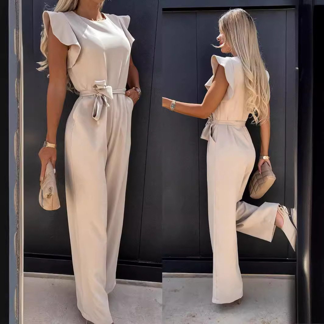 High-Waist Tie-Waist Solid Color Jumpsuit for Women