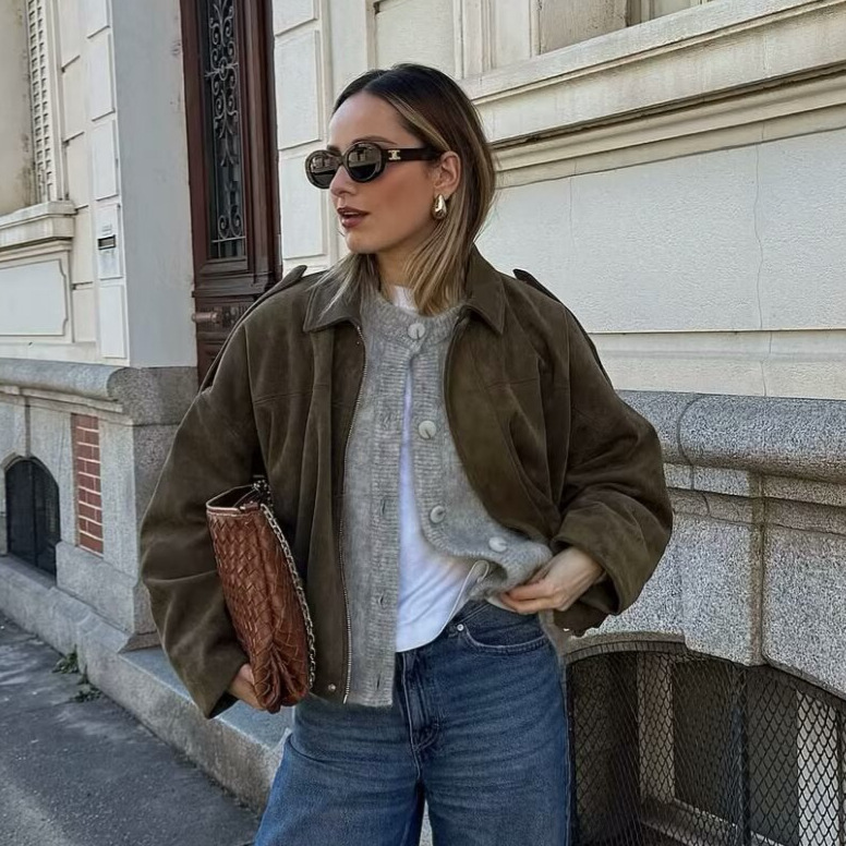 Suede-Feel Faux Leather Bomber Jacket with Lapel Collar
