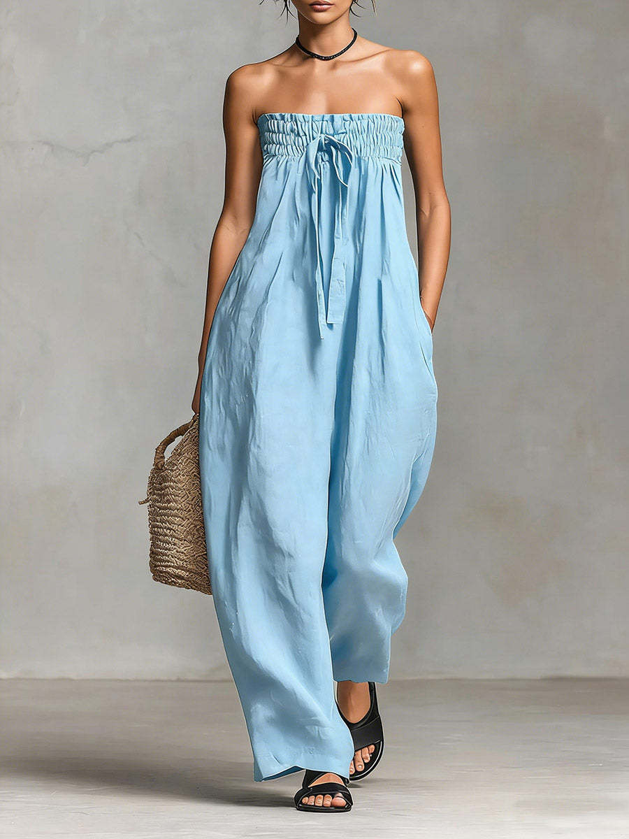 Women's Strapless Tie-Front Smocked Jumpsuit